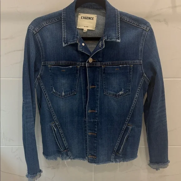 L'AGENCE Blue Raw Cut Denim Jacket - Picture 8 of 8